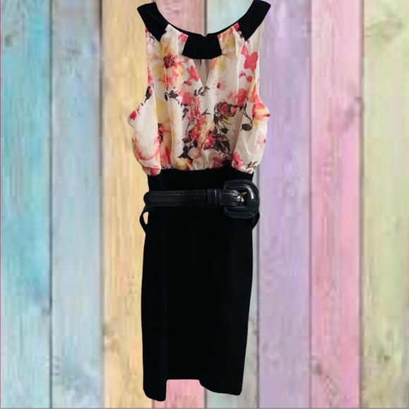 Iz Byer Dresses & Skirts - IZ Byer Belted Black Sleeveless High Waist Floral Dress